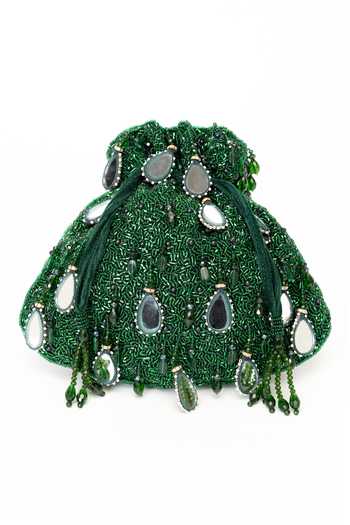 Shop Eena Green Beads, Mirrors, Crystals Zuri Beadwork Potli Bag Online at Aza Fashions Shop_Eena_Green Beads, Mirrors, Crystals Zuri Beadwork Potli Bag _Online_at_Aza_Fashions