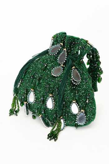 Eena Green Beads, Mirrors, Crystals Zuri Beadwork Potli Bag at Aza Fashions Eena_Green Beads, Mirrors, Crystals Zuri Beadwork Potli Bag _at_Aza_Fashions