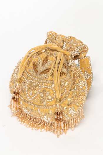 Eena Gold Embroidery, Beads, Pearls, Crystals, Gota Patti Elina Velvet Potli at Aza Fashions Eena_Gold Embroidery, Beads, Pearls, Crystals, Gota Patti Elina Velvet Potli _at_Aza_Fashions