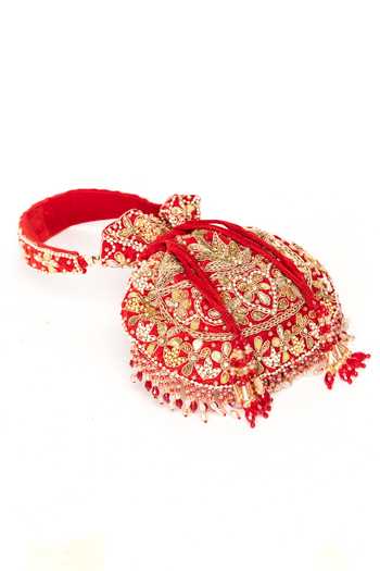 Eena_Red Beads, Pearls, Crystals, Gota Patti Elina Zardozi Work Potli _Online_at_Aza_Fashions