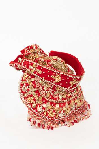 Shop_Eena_Red Beads, Pearls, Crystals, Gota Patti Elina Zardozi Work Potli _Online_at_Aza_Fashions
