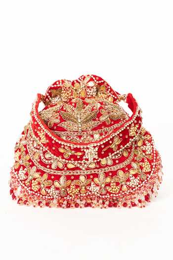 Eena_Red Beads, Pearls, Crystals, Gota Patti Elina Zardozi Work Potli _at_Aza_Fashions