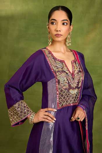 Neha Khullar Purple Chanderi , Tissue, Organza V-neck Kurta Set Online at Aza Fashions Neha Khullar_Purple Chanderi , Tissue, Organza V-neck Kurta Set _Online_at_Aza_Fashions