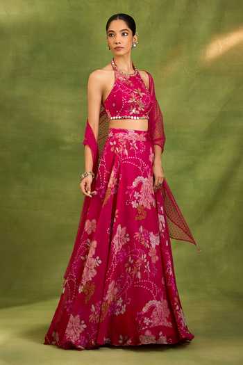 Neha Khullar Fuchsia Organza Halter Neck Floral Print Lehenga Set Online at Aza Fashions Neha Khullar_Fuchsia Organza Halter Neck Floral Print Lehenga Set _Online_at_Aza_Fashions