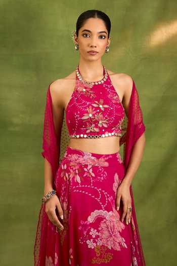 Buy Neha Khullar Fuchsia Organza Halter Neck Floral Print Lehenga Set Online at Aza Fashions Buy_Neha Khullar_Fuchsia Organza Halter Neck Floral Print Lehenga Set _Online_at_Aza_Fashions