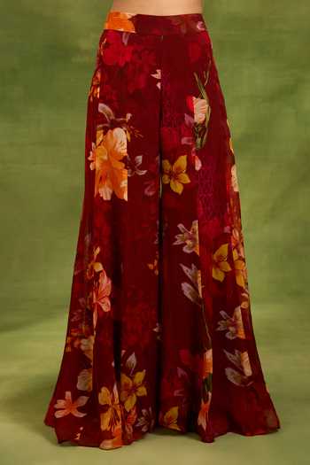 Neha Khullar Maroon Organza, Crepe, Raw Silk V-neck Floral Print Waistcoat And Sharara Set Online at Aza Fashions Neha Khullar_Maroon Organza, Crepe, Raw Silk V-neck Floral Print Waistcoat And Sharara Set _Online_at_Aza_Fashions