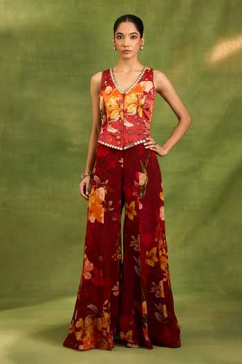Buy Neha Khullar Maroon Organza, Crepe, Raw Silk V-neck Floral Print Waistcoat And Sharara Set Online at Aza Fashions Buy_Neha Khullar_Maroon Organza, Crepe, Raw Silk V-neck Floral Print Waistcoat And Sharara Set _Online_at_Aza_Fashions