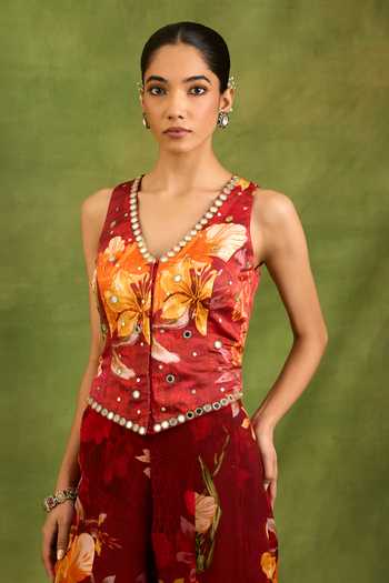 Shop Neha Khullar Maroon Organza, Crepe, Raw Silk V-neck Floral Print Waistcoat And Sharara Set Online at Aza Fashions Shop_Neha Khullar_Maroon Organza, Crepe, Raw Silk V-neck Floral Print Waistcoat And Sharara Set _Online_at_Aza_Fashions