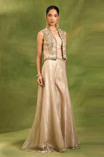 Shop Neha Khullar Beige Silk, Tissue Open , Square Zardozi Work Jacket Sharara Set Online at Aza Fashions Shop_Neha Khullar_Beige Silk, Tissue Open , Square Zardozi Work Jacket Sharara Set _Online_at_Aza_Fashions