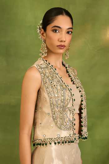 Neha Khullar Beige Silk, Tissue Open , Square Zardozi Work Jacket Sharara Set at Aza Fashions Neha Khullar_Beige Silk, Tissue Open , Square Zardozi Work Jacket Sharara Set _at_Aza_Fashions