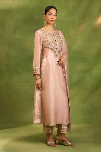 Buy Neha Khullar Pink Crepe Split V-neck, Yes Zardosi Embroidered Kurta Set Online at Aza Fashions Buy_Neha Khullar_Pink Crepe Split V-neck, Yes Zardosi Embroidered Kurta Set _Online_at_Aza_Fashions