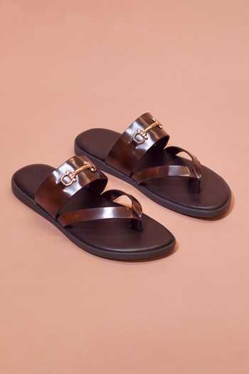Dmodot Brown Leather Horse Bit Trim Sandals 