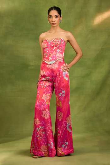 Neha Khullar_Multi Color Crepe Mirrors Sweetheart Neck Floral Printed Corset And Pant Set _Online_at_Aza_Fashions