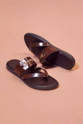 Dmodot Brown Leather Horse Bit Trim Sandals 