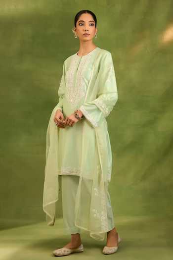 Buy Neha Khullar Green Chanderi , Modal, Organza Round Neck, Yes Embroidered Kurta Set Online at Aza Fashions Buy_Neha Khullar_Green Chanderi , Modal, Organza Round Neck, Yes Embroidered Kurta Set _Online_at_Aza_Fashions