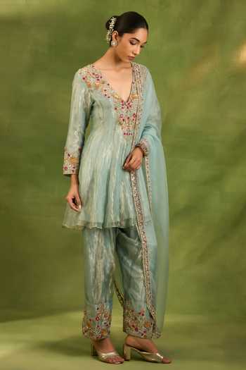 Neha Khullar Blue Silk, Crepe, Tissue V-neck Zardozi Work Kurta Set Online at Aza Fashions Neha Khullar_Blue Silk, Crepe, Tissue V-neck Zardozi Work Kurta Set _Online_at_Aza_Fashions