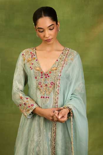 Shop Neha Khullar Blue Silk, Crepe, Tissue V-neck Zardozi Work Kurta Set Online at Aza Fashions Shop_Neha Khullar_Blue Silk, Crepe, Tissue V-neck Zardozi Work Kurta Set _Online_at_Aza_Fashions