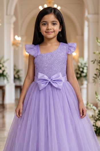 Petite Pomme_Purple Net Embellished Flutter Sleeve Dress _Online_at_Aza_Fashions