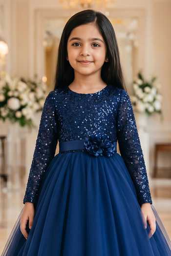 Petite Pomme Blue Net, Velvet Embellished Dress Online at Aza Fashions Petite Pomme_Blue Net, Velvet Embellished Dress _Online_at_Aza_Fashions
