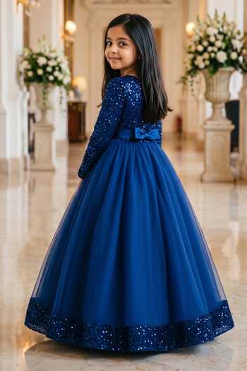Shop Petite Pomme Blue Net, Velvet Embellished Dress at Aza Fashions Shop_Petite Pomme_Blue Net, Velvet Embellished Dress _at_Aza_Fashions