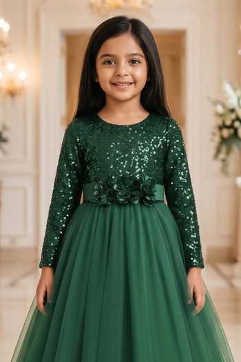 Petite Pomme Emerald Green Net, Velvet Yoke Embellished Dress Online at Aza Fashions Petite Pomme_Emerald Green Net, Velvet Yoke Embellished Dress _Online_at_Aza_Fashions