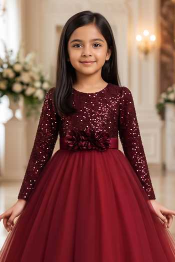 Petite Pomme Maroon Net, Velvet Sequin Work Dress Online at Aza Fashions Petite Pomme_Maroon Net, Velvet Sequin Work Dress _Online_at_Aza_Fashions