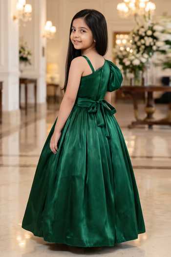 Shop Petite Pomme Emerald Green Satin Applique Work Dress at Aza Fashions Shop_Petite Pomme_Emerald Green Satin Applique Work Dress _at_Aza_Fashions