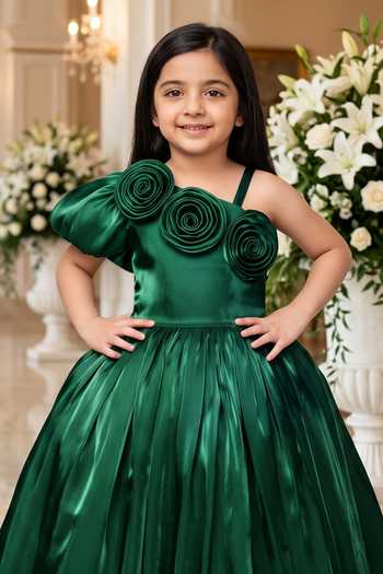 Petite Pomme Emerald Green Satin Applique Work Dress Online at Aza Fashions Petite Pomme_Emerald Green Satin Applique Work Dress _Online_at_Aza_Fashions