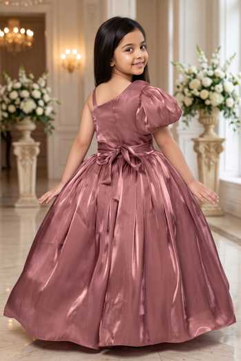 Shop Petite Pomme Pink Satin One Shoulder Dress at Aza Fashions Shop_Petite Pomme_Pink Satin One Shoulder Dress _at_Aza_Fashions