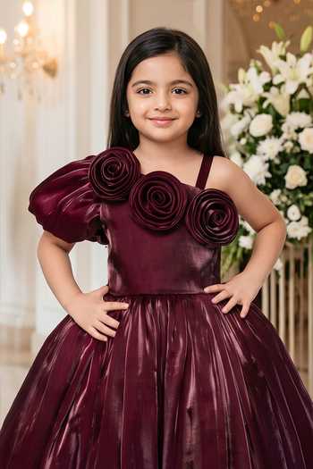 Petite Pomme Wine Satin One Shoulder Dress Online at Aza Fashions Petite Pomme_Wine Satin One Shoulder Dress _Online_at_Aza_Fashions