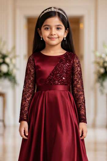 Petite Pomme Maroon Silk, Cotton Floral Embroidered Dress Online at Aza Fashions Petite Pomme_Maroon Silk, Cotton Floral Embroidered Dress _Online_at_Aza_Fashions
