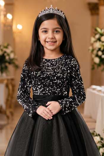 Petite Pomme_Black Lycra, Net Placement Embroidered Dress _Online_at_Aza_Fashions