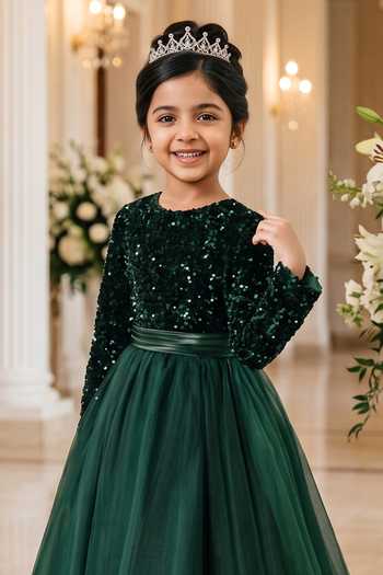 Petite Pomme_Green Net, Lycra Floral Yoke Embroidered Dress _Online_at_Aza_Fashions