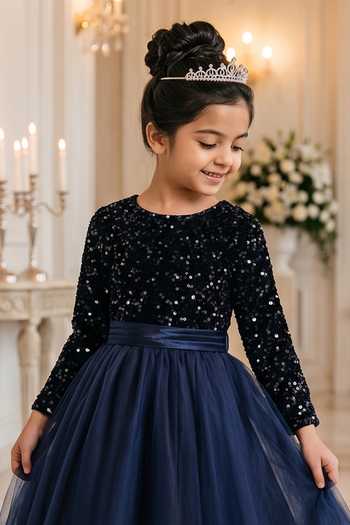 Petite Pomme Blue Net, Lycra Placement Embroidered Dress Online at Aza Fashions Petite Pomme_Blue Net, Lycra Placement Embroidered Dress _Online_at_Aza_Fashions