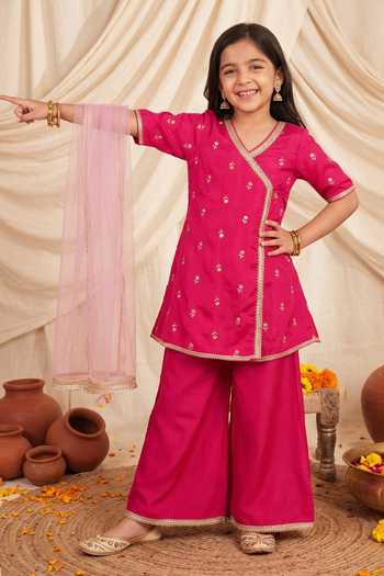 Petite Pomme Fuchsia Silk, Crepe, Net Embroidery Angarkha Palazzo Set Online at Aza Fashions Petite Pomme_Fuchsia Silk, Crepe, Net Embroidery Angarkha Palazzo Set _Online_at_Aza_Fashions