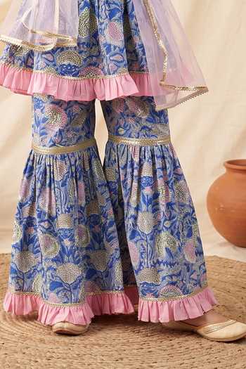 Petite Pomme Blue Cotton, Net Printed A-line Kurta Set Online at Aza Fashions Petite Pomme_Blue Cotton, Net Printed A-line Kurta Set _Online_at_Aza_Fashions