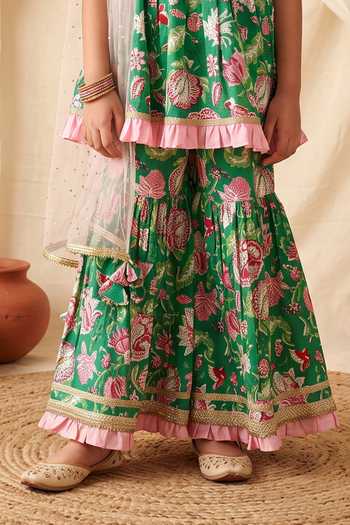 Petite Pomme Green Cotton, Net, Rayon Floral Print Kurta Sharara Set Online at Aza Fashions Petite Pomme_Green Cotton, Net, Rayon Floral Print Kurta Sharara Set _Online_at_Aza_Fashions