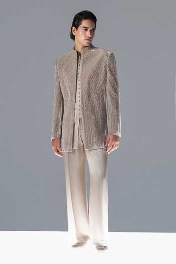 Rohit Gandhi + Rahul Khanna_Grey Silk, Velvet Imperial Cadence Embroidered Sherwani Set _Online_at_Aza_Fashions