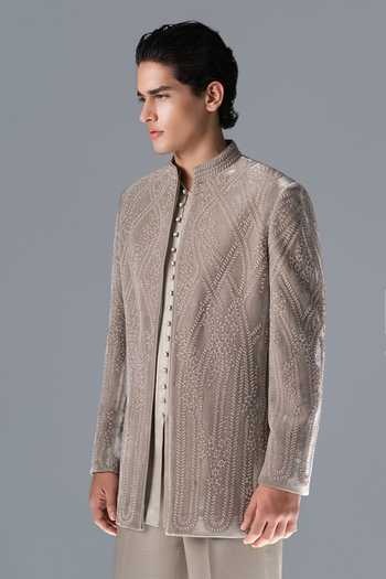 Buy_Rohit Gandhi + Rahul Khanna_Grey Silk, Velvet Imperial Cadence Embroidered Sherwani Set _Online_at_Aza_Fashions