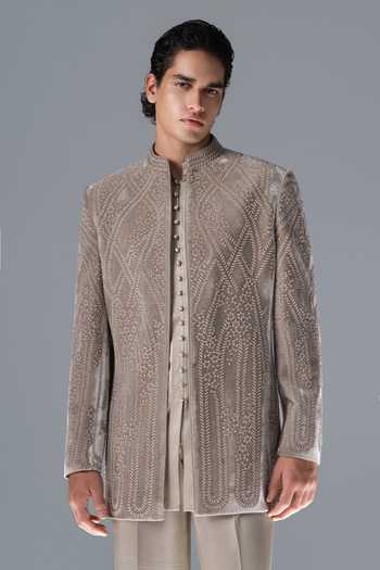 Shop_Rohit Gandhi + Rahul Khanna_Grey Silk, Velvet Imperial Cadence Embroidered Sherwani Set _Online_at_Aza_Fashions