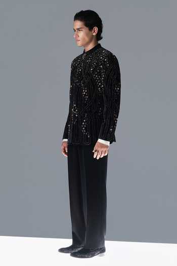 Rohit Gandhi + Rahul Khanna_Black Silk, Velvet Embroidery, Sequins Cedar Bandhgala Set _Online_at_Aza_Fashions