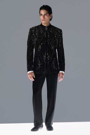 Buy_Rohit Gandhi + Rahul Khanna_Black Silk, Velvet Embroidery, Sequins Cedar Bandhgala Set _Online_at_Aza_Fashions