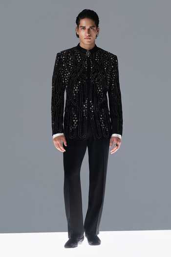 Rohit Gandhi + Rahul Khanna Black Cedar Bandhgala Set 