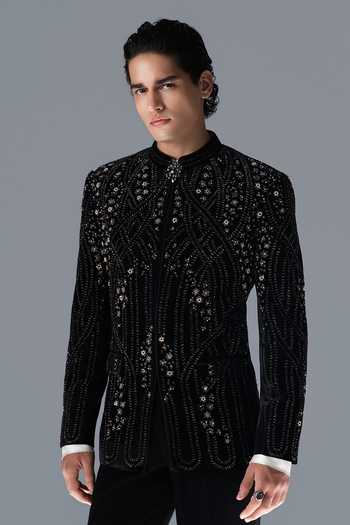 Shop_Rohit Gandhi + Rahul Khanna_Black Silk, Velvet Embroidery, Sequins Cedar Bandhgala Set _Online_at_Aza_Fashions