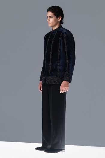 Rohit Gandhi + Rahul Khanna_Blue Silk, Velvet Embroidery Prism Bandhgala Set _Online_at_Aza_Fashions