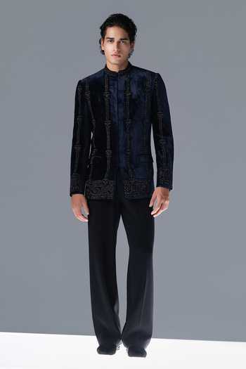 Buy_Rohit Gandhi + Rahul Khanna_Blue Silk, Velvet Embroidery Prism Bandhgala Set _Online_at_Aza_Fashions