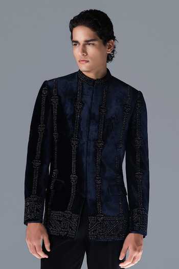 Shop_Rohit Gandhi + Rahul Khanna_Blue Silk, Velvet Embroidery Prism Bandhgala Set _Online_at_Aza_Fashions