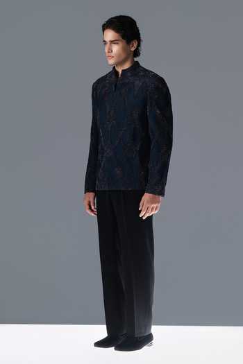 Rohit Gandhi + Rahul Khanna_Blue Silk, Velvet Sequins, Beads, Stones Auric Rhythm Embroidered Bandhgala Set _Online_at_Aza_Fashions