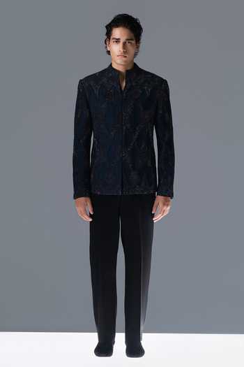 Buy_Rohit Gandhi + Rahul Khanna_Blue Silk, Velvet Sequins, Beads, Stones Auric Rhythm Embroidered Bandhgala Set _Online_at_Aza_Fashions