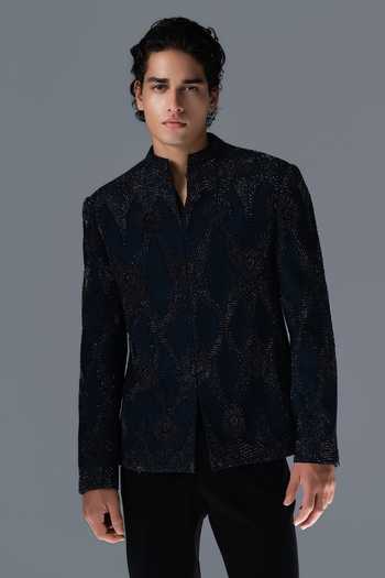 Shop_Rohit Gandhi + Rahul Khanna_Blue Silk, Velvet Sequins, Beads, Stones Auric Rhythm Embroidered Bandhgala Set _Online_at_Aza_Fashions